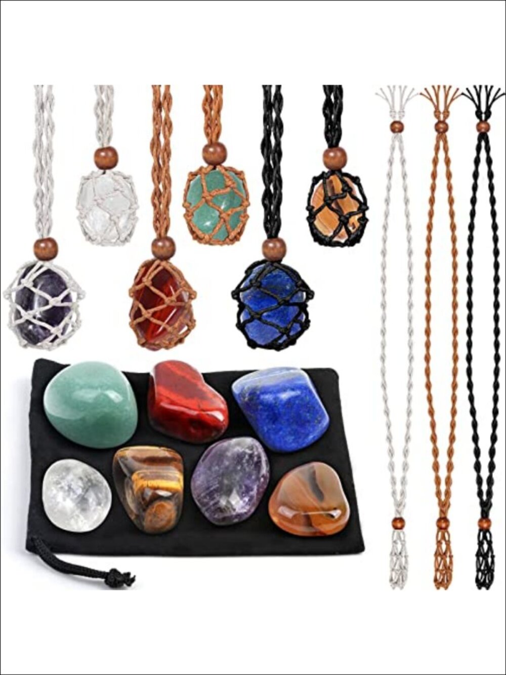 Healing Crystal Necklace Holders with Natural Stones Set